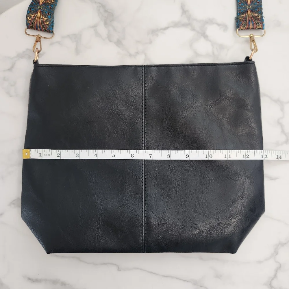 Unisex Black Pu Leather Tote Bag With Patterned Boho Strap - Picture 14 of 15